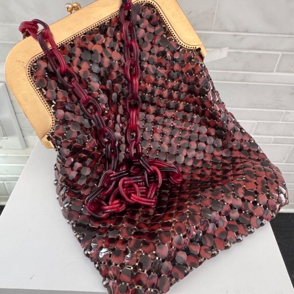 Vtg MCM  Whiting & Davis Tortoise Enamel Mesh Gold Framed Purse Bag Lucid Chain